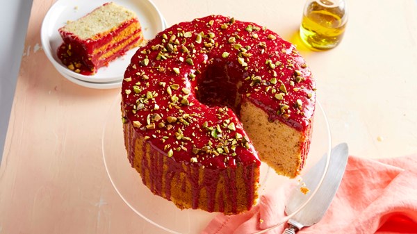 Pistachio chiffon cake with raspberry glaze