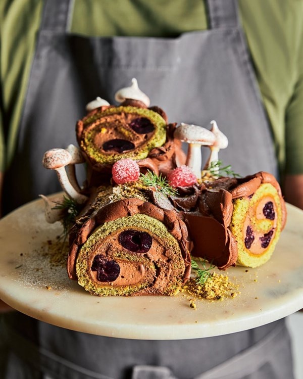 Pistachio, chocolate and cherry Yule log [Phil Khoury]