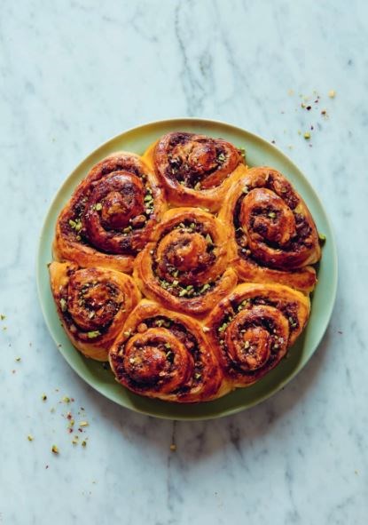 Pistachio, citrus and dark chocolate cinnamon rolls