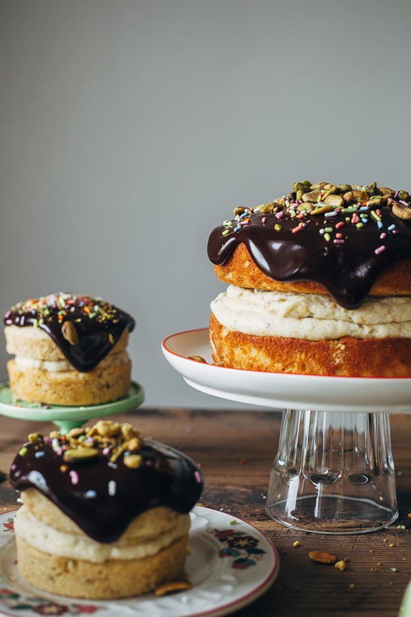 Pistachio cream cake with chocolate ganache