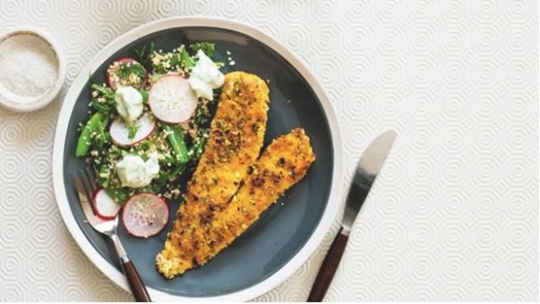 Pistachio crumbed fish with quinoa spring salad