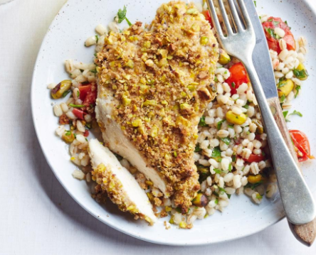 Pistachio-crusted chicken with warm barley salad