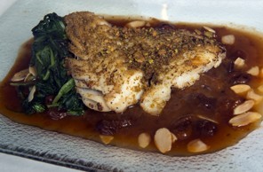 Pistachio-crusted cod with torsh-o shirin sauce 