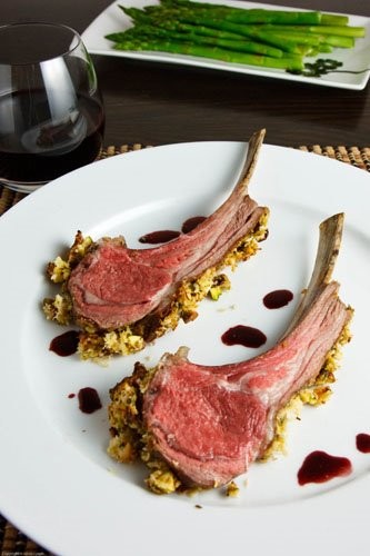 Pistachio crusted rack of lamb with a pomegranate Port sauce