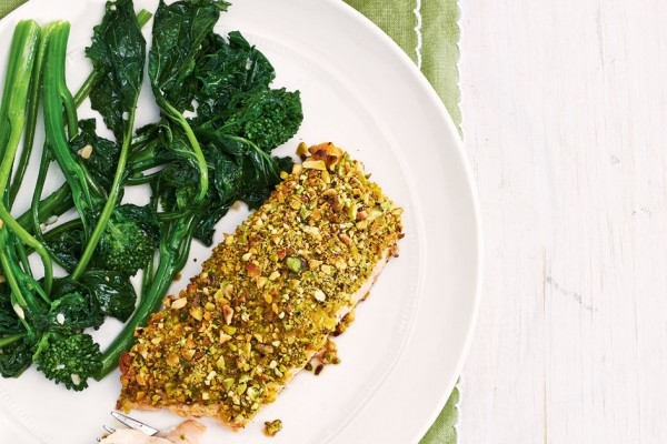 Pistachio-crusted salmon with garlic rapini