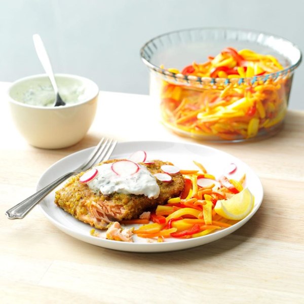Pistachio-crusted salmon with rainbow vegetable cream