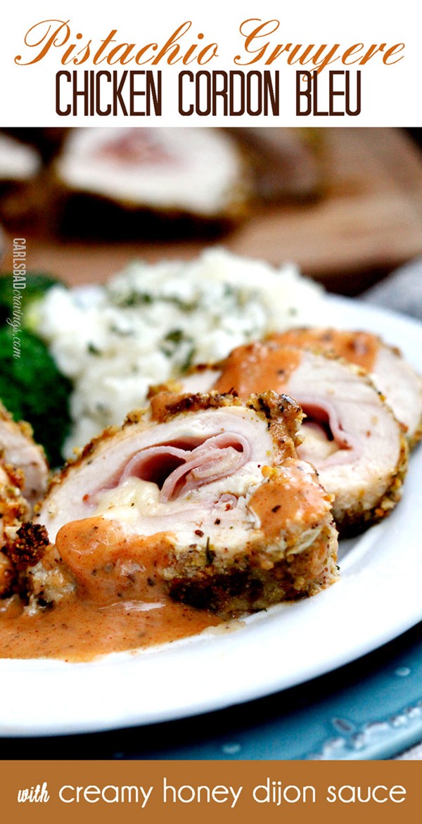 Pistachio Gruyere chicken cordon bleu with creamy honey Dijon sauce