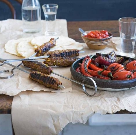 Pistachio kebabs with tomato chilli sauce