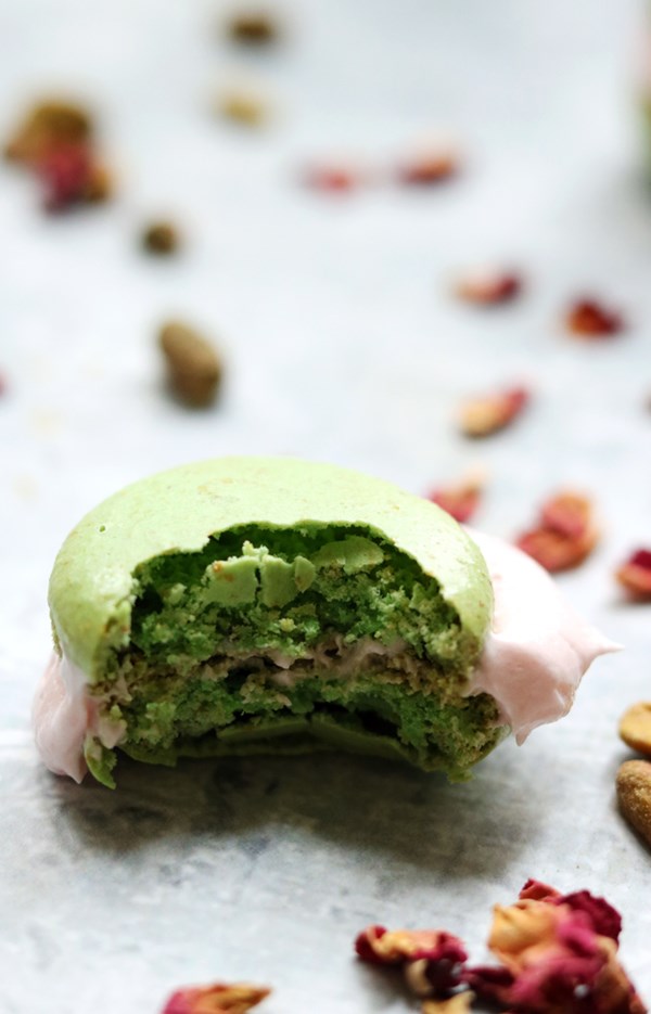 Pistachio macarons with rose buttercream