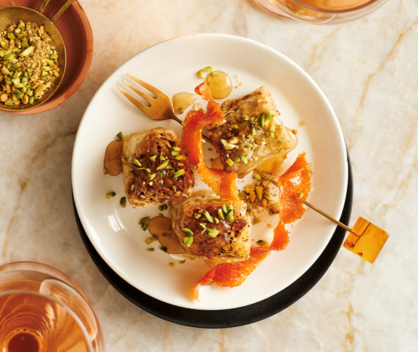 Pistachio, orange and cardamom baklava rolls