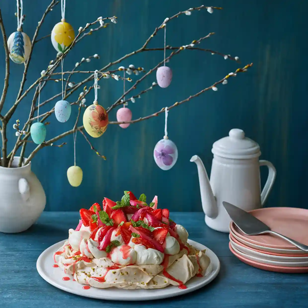 PIstachio Pavlova with spring rhubarb and blood oranges