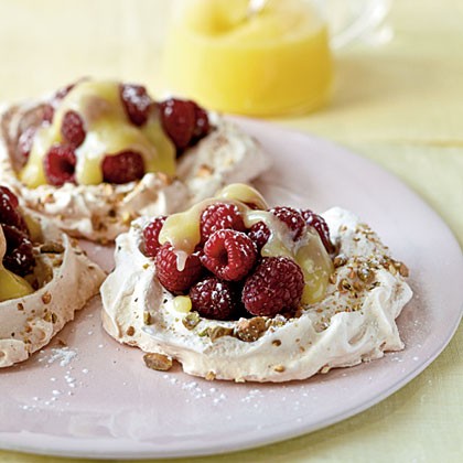 Pistachio pavlovas with lemon curd and berries