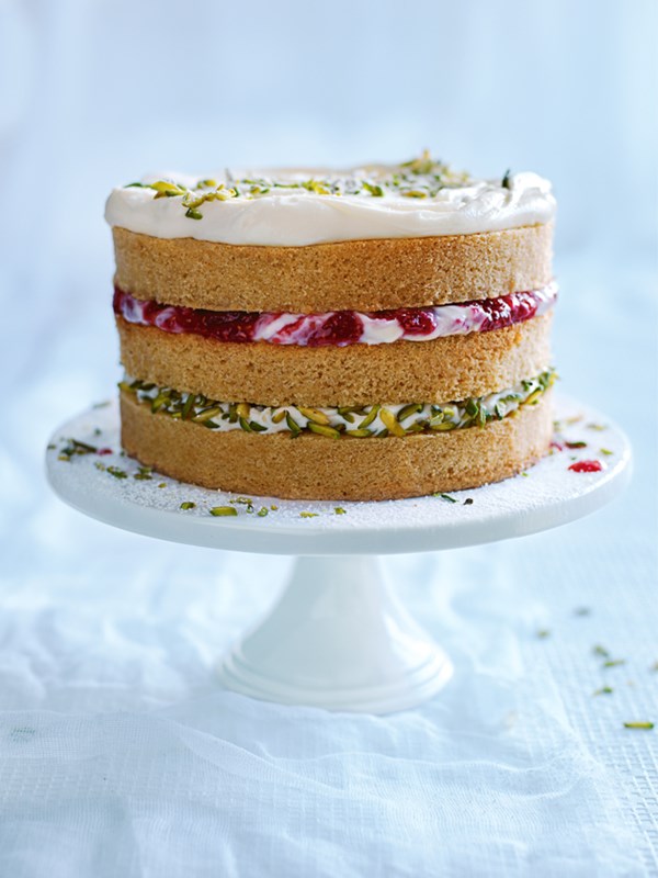 Pistachio, raspberry and ricotta layer cake