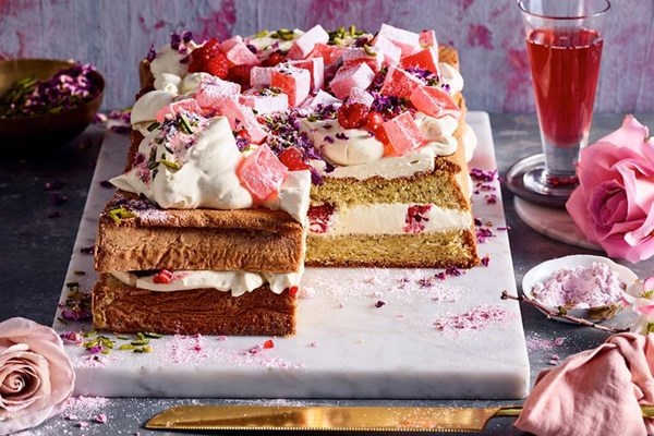 Pistachio, raspberry and rose layer cake