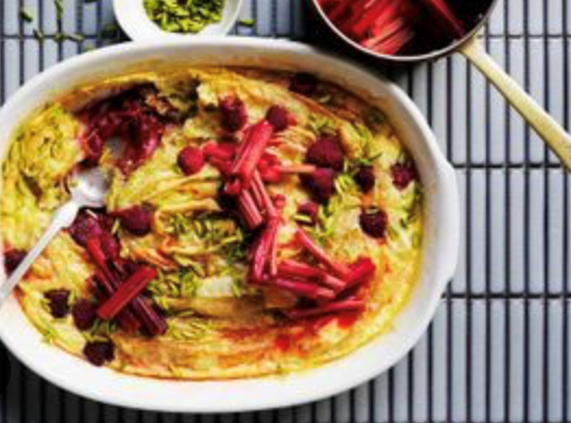 Pistachio, rhubarb and rose ruffled milk pie