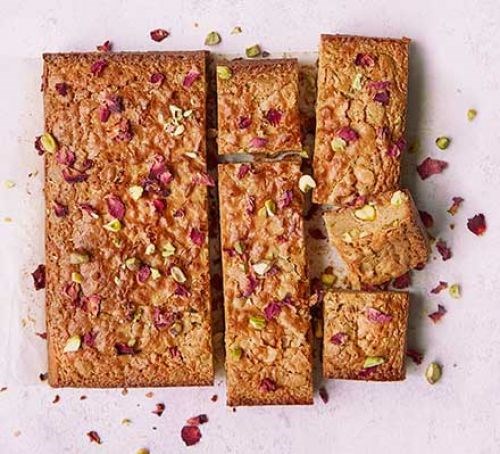 Pistachio, rose & white chocolate blondies