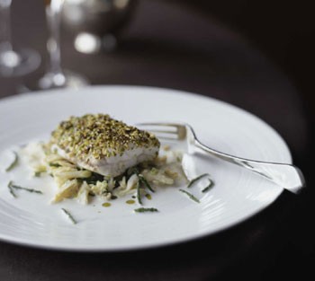 Pistachio sea bass with crab salad
