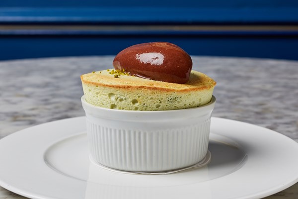 Pistachio soufflé with chocolate sorbet