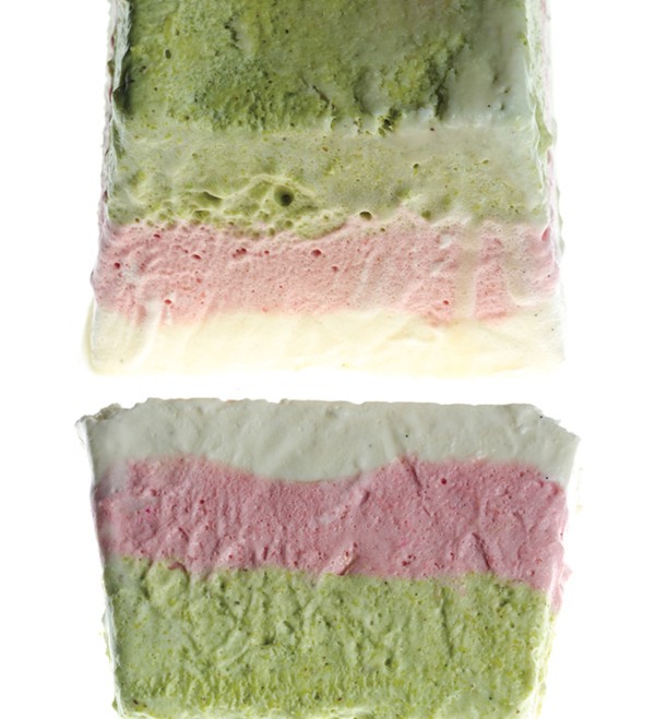 Pistachio, strawberry, and vanilla semifreddo