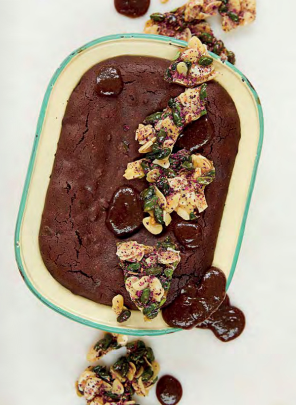 Pistachio studded chocolate brownie pudding with a salted date caramel and pistachio, almond and rose petal brittle [Paul A. Young]