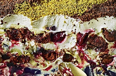 Pistachio tiramisu with boozy cherries