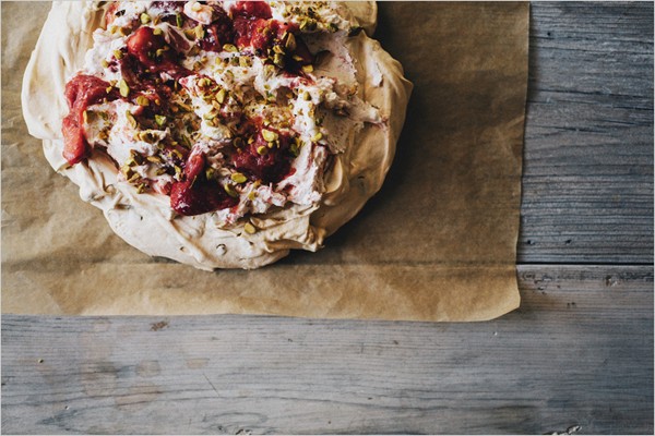 Pistacio Pavlova with strawberry + rhubarb cream