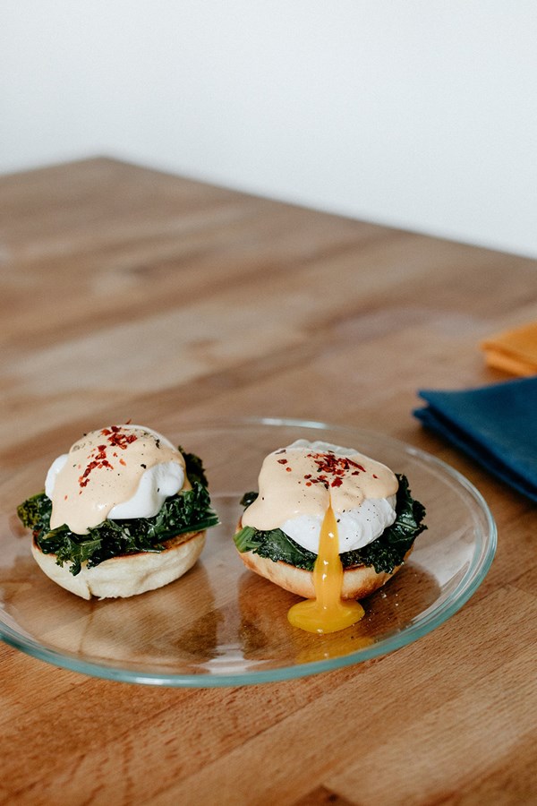 Pita and greens Benedict with feta cream