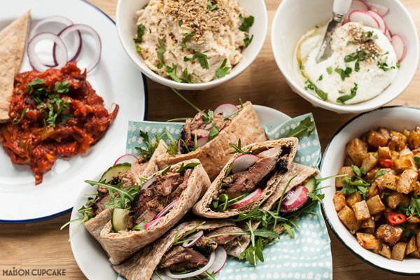 Pitta pockets with lamb with sheep yogurt hummus and labneh