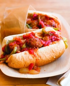 Pittsburgh-style sausage sandwich with chunky tomato and bell pepper sauce