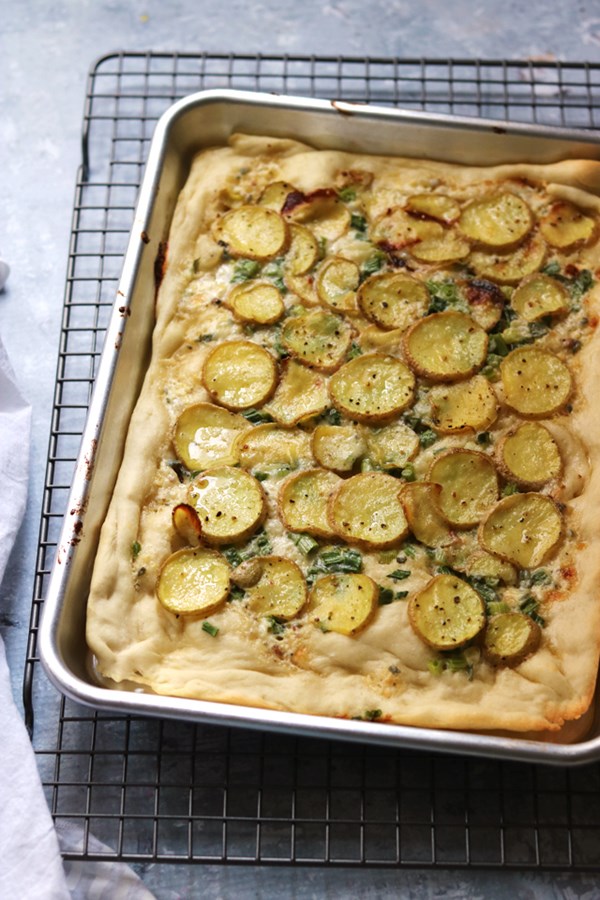 Pizza bianca with potatoes, mascarpone, and sage