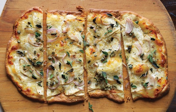 Pizza bianca with scamorza and shaved celery root