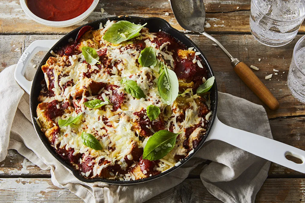 Pizza party strata with garlic bread & pepperoni