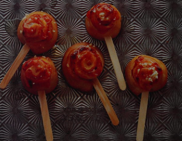 Pizza skewers with garlic butter dipping sauce