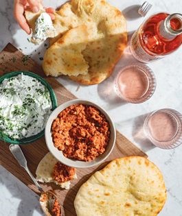 Pizza stone pita with muhammara and labneh
