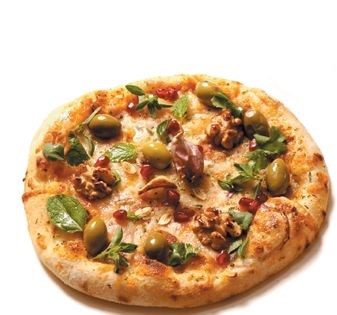 Pizza with Caspian olive, pomegranate & angelica topping
