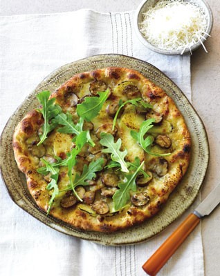 Pizza with cremini mushrooms, new potatoes, and crescenza cheese
