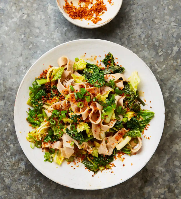 PIzzoccheri with miso cabbage and breadcrumbs