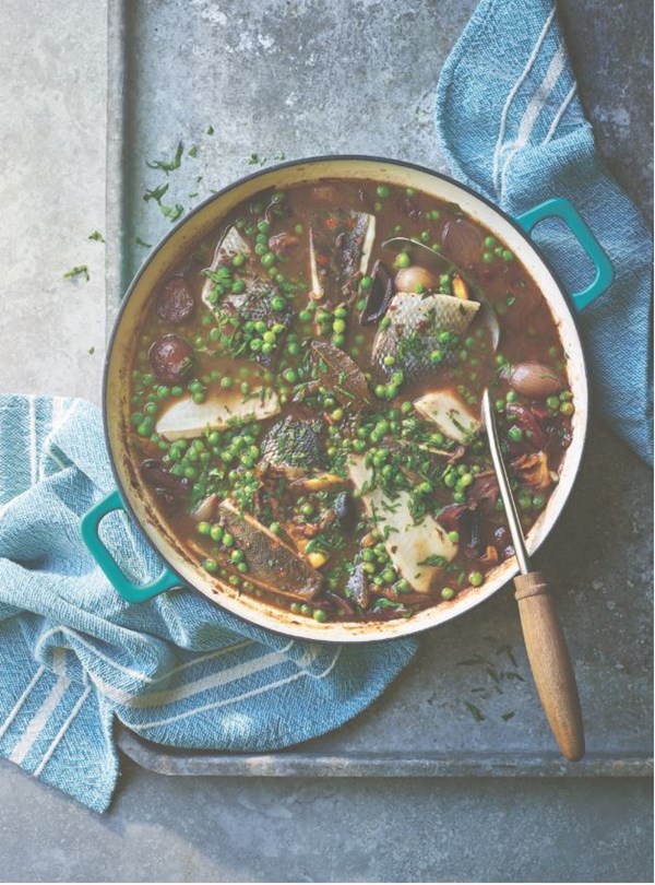 Plaice and bass braised in red wine, roast shallots, peas & oyster mushrooms 