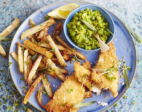 Plaice goujons with tarragon mushy peas & cheat's chips