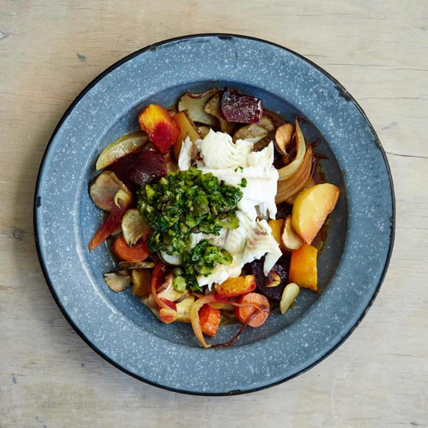 Plaice, roast root vegetables and salsa verde