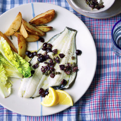 Plaice with caper and olive dressing