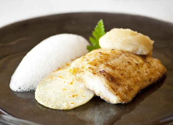 Plaice with celeriac, apple and lemongrass purée and cobnut foam