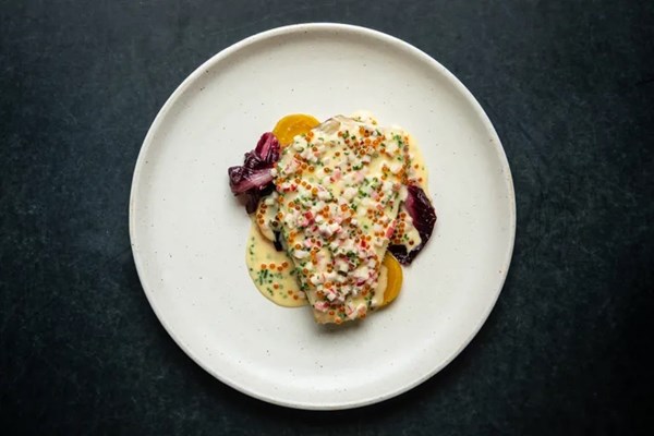 Plaice with cider butter sauce and pickled trout roe