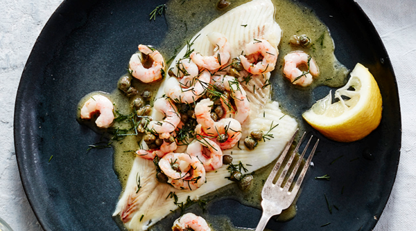 Plaice with dill and prawns