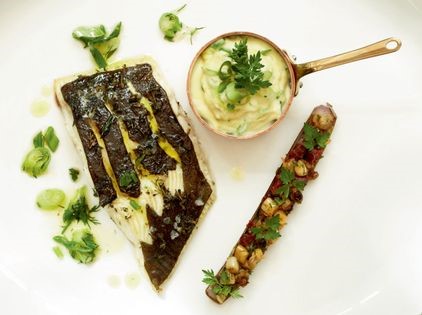 Plaice with spiced razor clams (Cumin-roast spear-caught plaice with cauliflower champ and spiced razor clams)