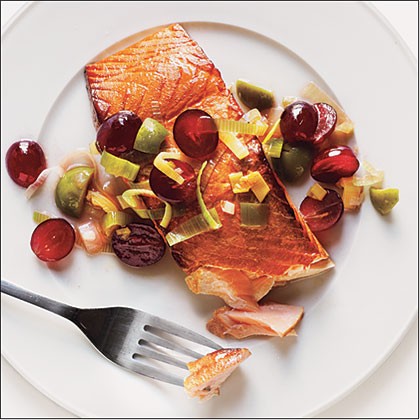 Plank-grilled salmon with grape relish