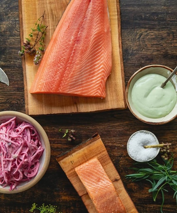 Planked Akora salmon with celeriac & beetroot remoulade & sorrel aioli [Nik Mavromatis]