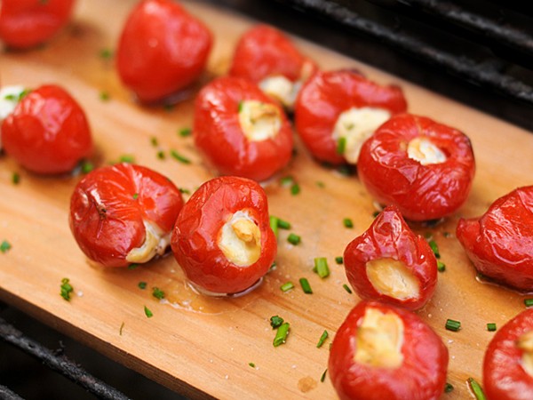 Planked goat cheese-stuffed peppadews