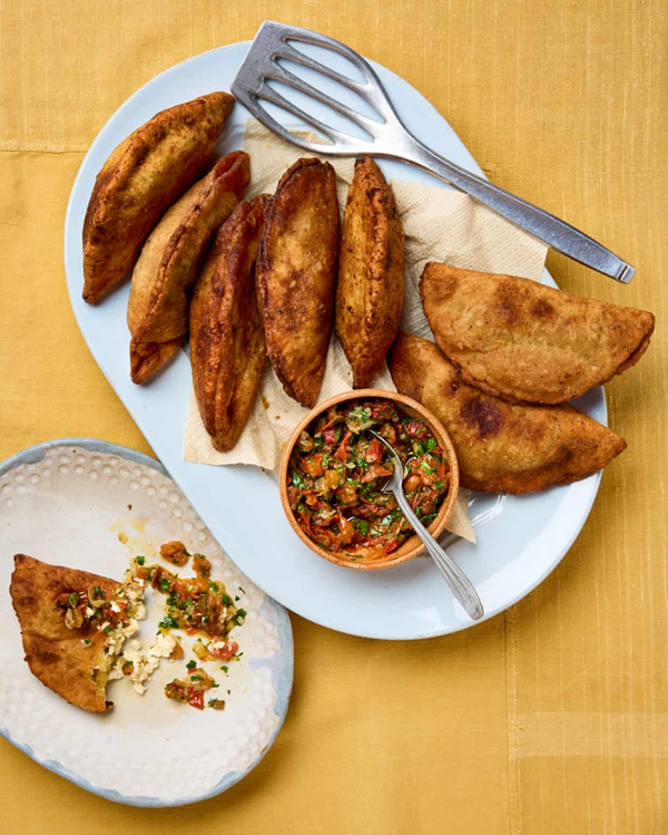 Plantain and feta  hand pies with tomato salsa