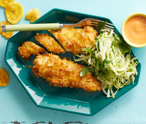 Plantain-crusted chicken tenders with mango dipping sauce
